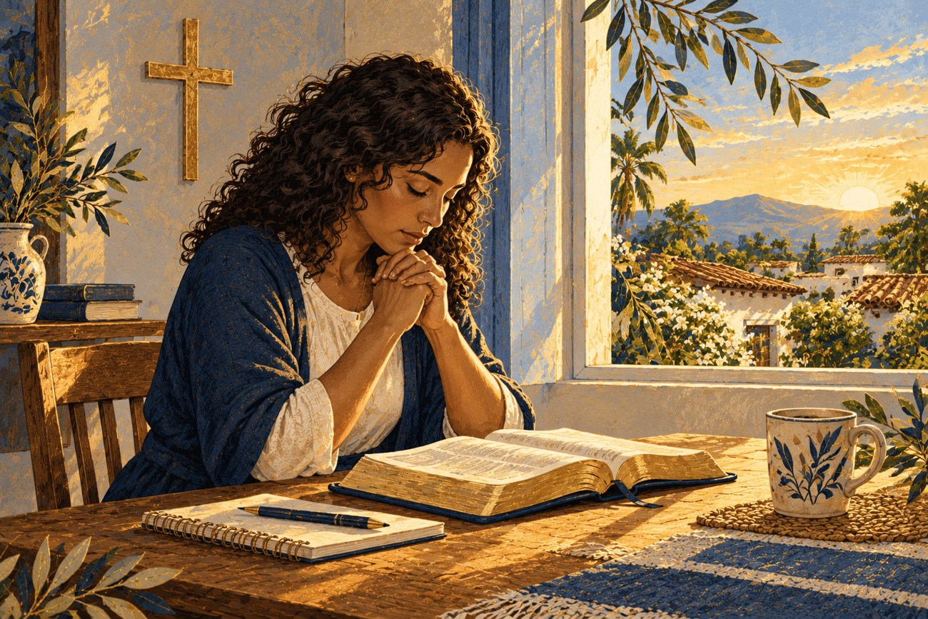 Ilustração da versão interativa, com uma mulher em oração